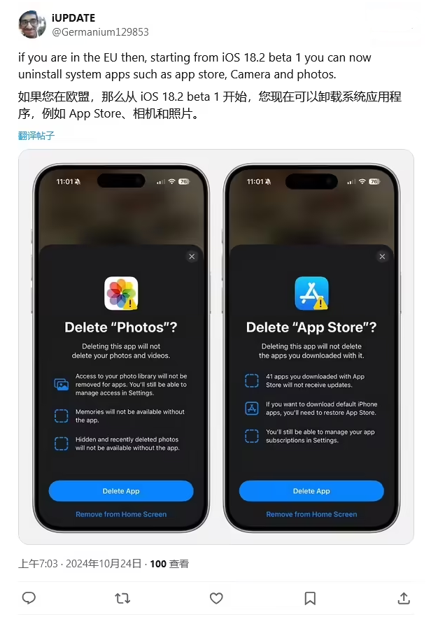 秀英苹果手机维修分享iOS 18.2 支持删除 App Store 应用商店 