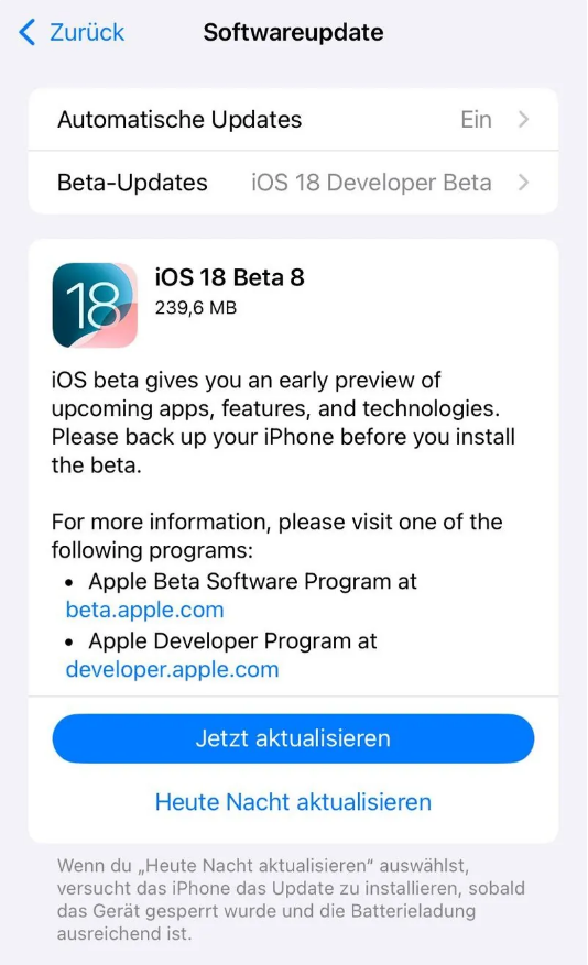 秀英苹果手机维修分享苹果 iOS / iPadOS 18 开发者预览版 Beta 8 发布 